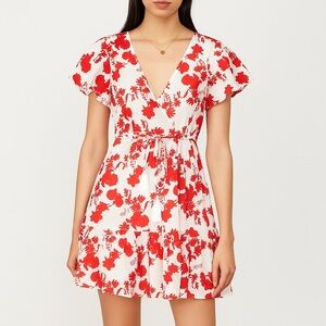 Aakaa Floral Mini Wrap Dress Red Small Ruffle Garden Party Coquette Beach Vacay